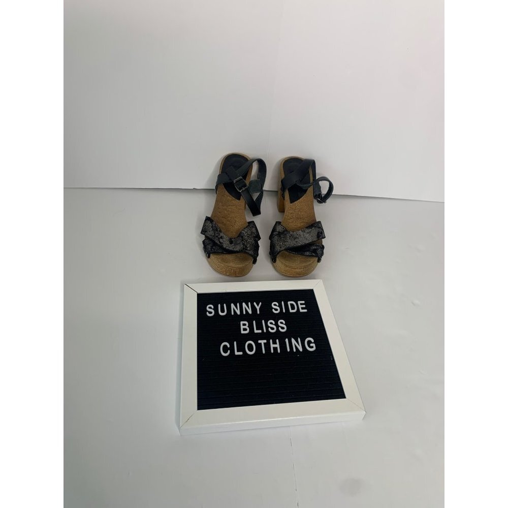 Porronet Black Sparkle Leather Cork Wedge Heels Strappy Sandals Women’s Size 8